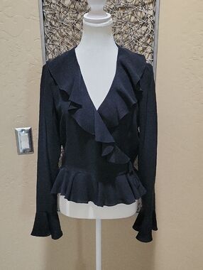Patrick Christopher 100% Silk Black Ruffle V-Neck Wrap Top
